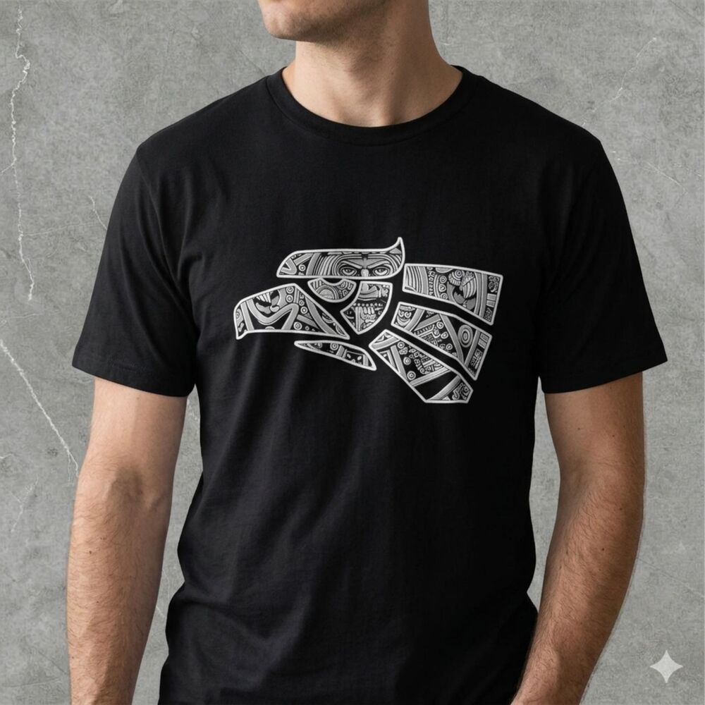 Men Graphic T-Shirt Aztec Warrior Eagle Casual Streetwear Black Size L